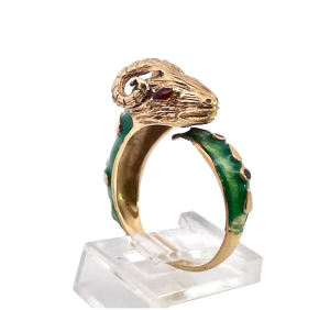Enamel Ram Ring with Rubies 14 & 18K Yellow Gold - Fine Estate & Vintage Jewelry | Cris Notti Jewels