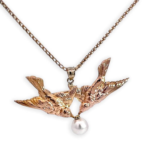 Double Bird Brooch Pendant w/Pearl 14K - Fine Estate & Vintage Jewelry | Cris Notti Jewels