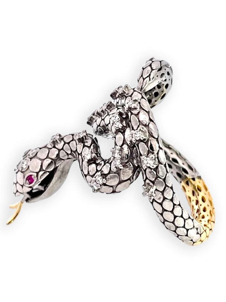 Snake Ring Silver and Gold Diamond Studded - Detail View 6 | Cris Notti Jewels