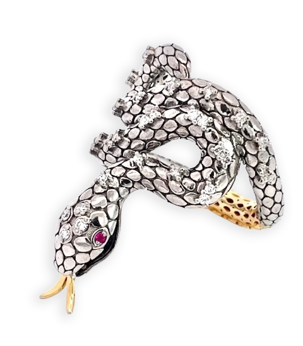 Snake Ring Silver and Gold Diamond Studded - Detail View 1 | Cris Notti Jewels