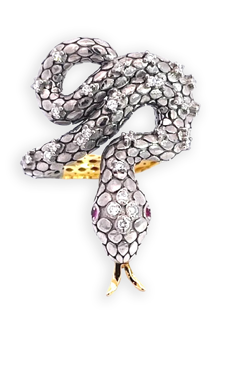 Snake Ring Silver and Gold Diamond Studded - Detail View 7 | Cris Notti Jewels