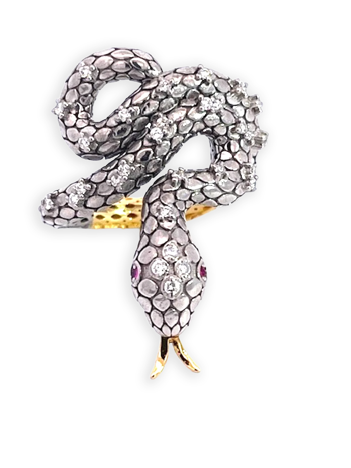 Snake Ring Silver and Gold Diamond Studded - Detail View 8 | Cris Notti Jewels