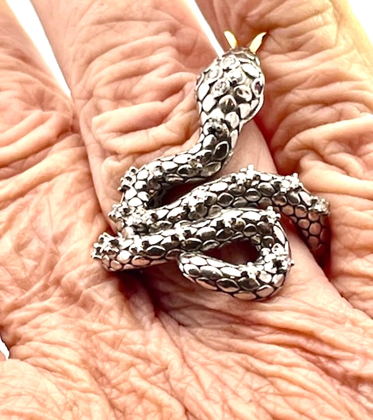 Snake Ring Silver and Gold Diamond Studded - Detail View 2 | Cris Notti Jewels