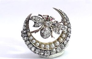 Victorian Diamond Pearl Crescent w/Bee - Fine Estate & Vintage Jewelry | Cris Notti Jewels