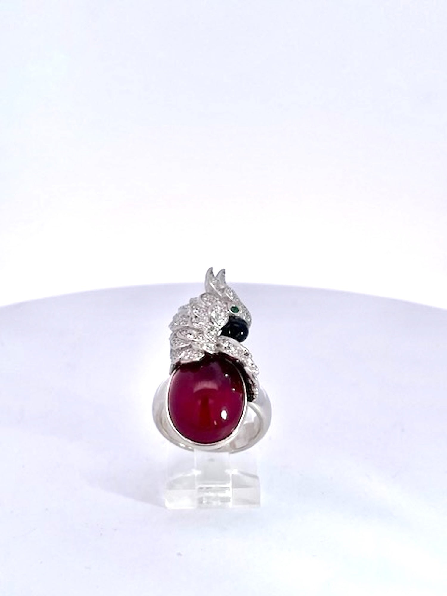 Large Oval Ruby Cabochon and Diamond Parrot Ring - Detail View 4 | Cris Notti Jewels