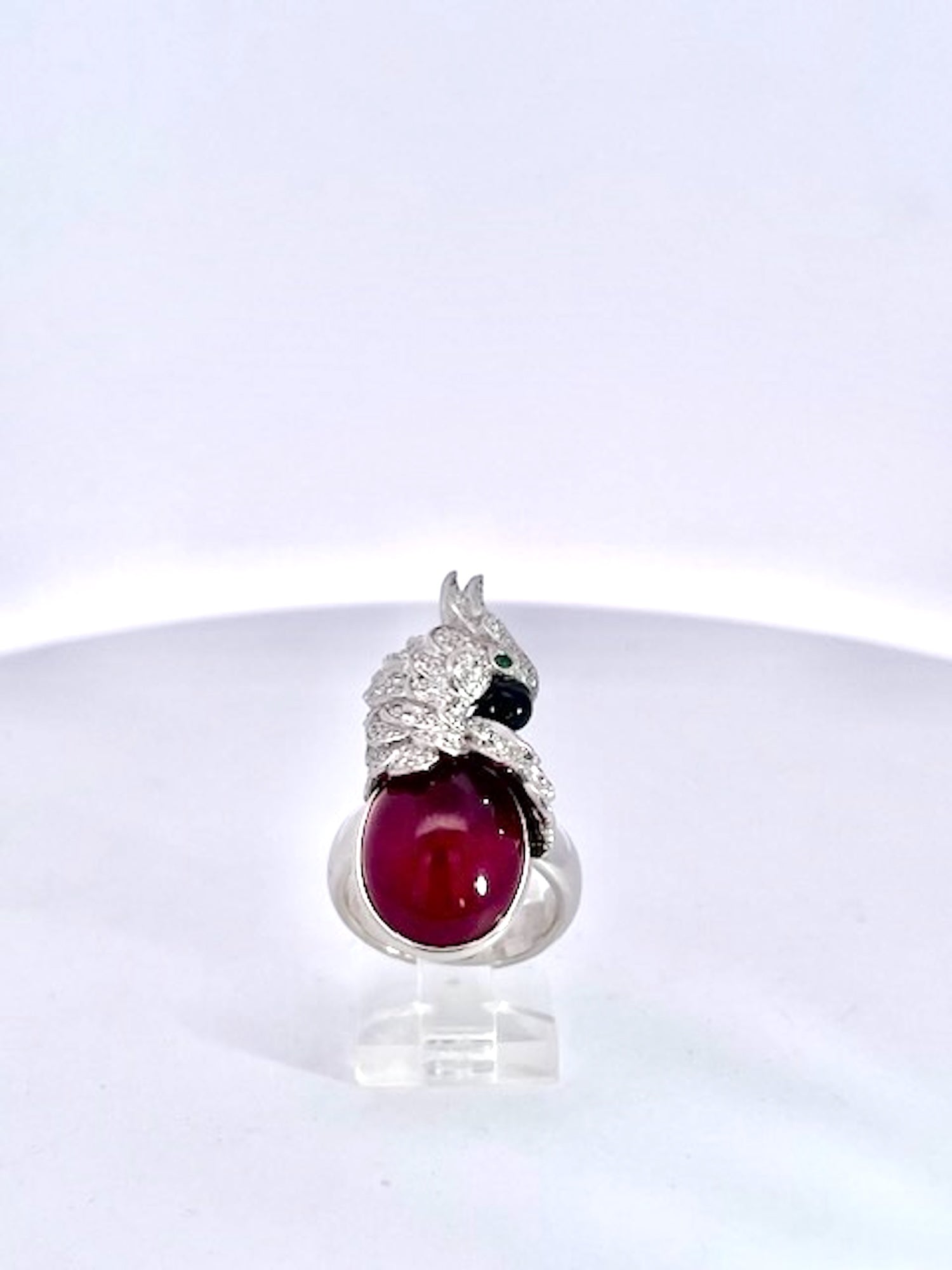 Large Oval Ruby Cabochon and Diamond Parrot Ring - Detail View 6 | Cris Notti Jewels