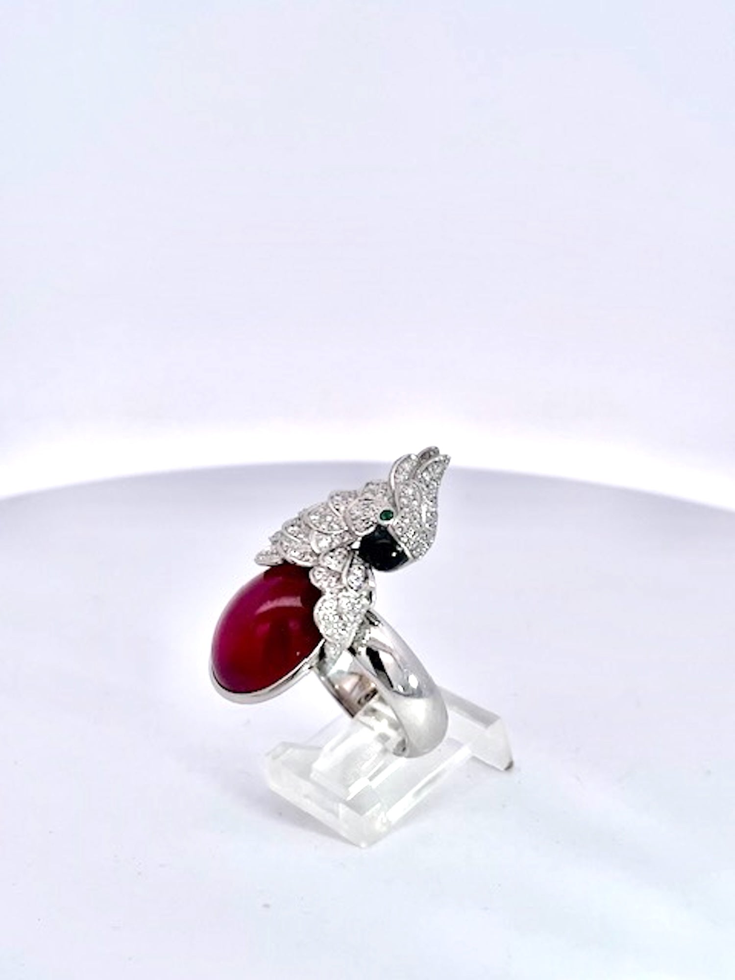 Large Oval Ruby Cabochon and Diamond Parrot Ring - Detail View 2 | Cris Notti Jewels
