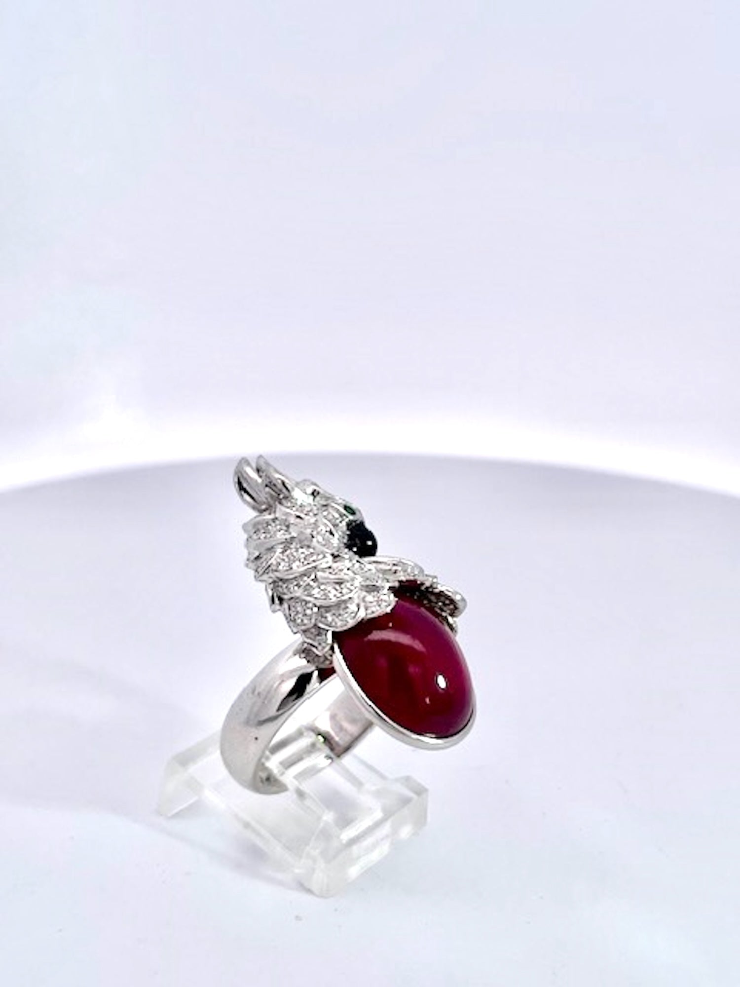 Large Oval Ruby Cabochon and Diamond Parrot Ring - Detail View 5 | Cris Notti Jewels