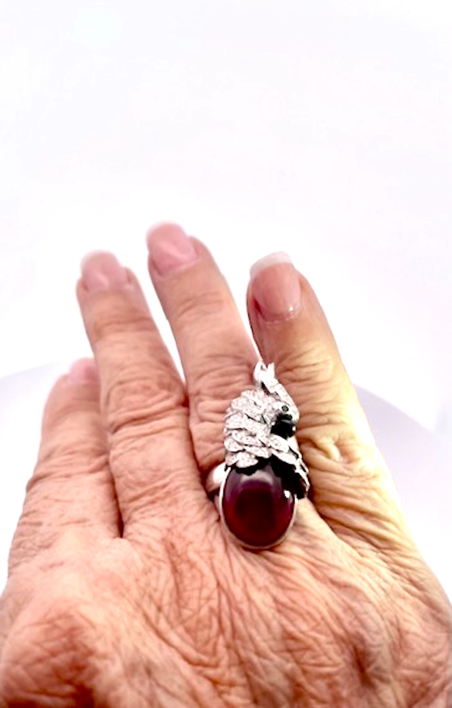 Large Oval Ruby Cabochon and Diamond Parrot Ring - Detail View 3 | Cris Notti Jewels