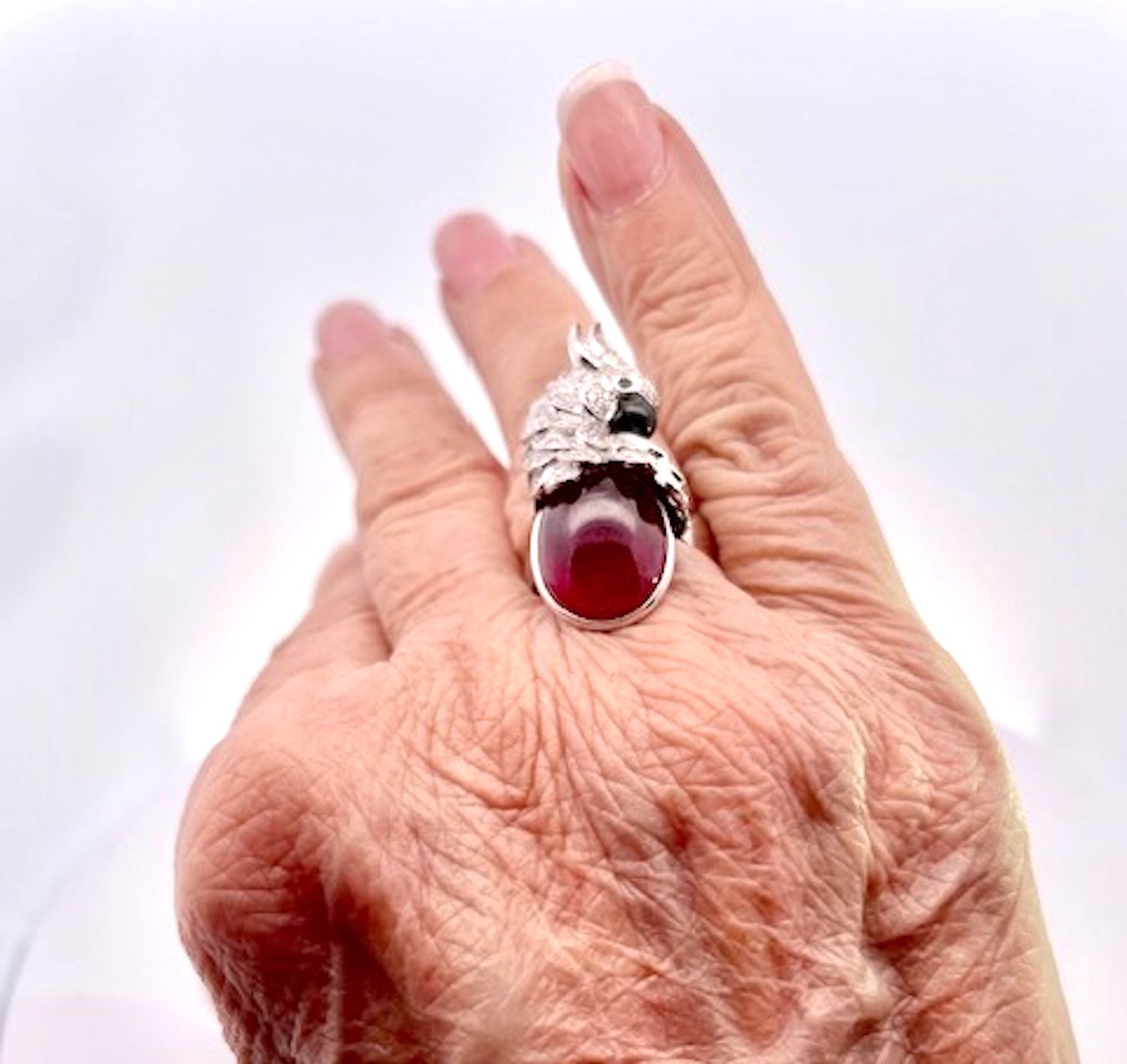 Large Oval Ruby Cabochon and Diamond Parrot Ring - Detail View 1 | Cris Notti Jewels