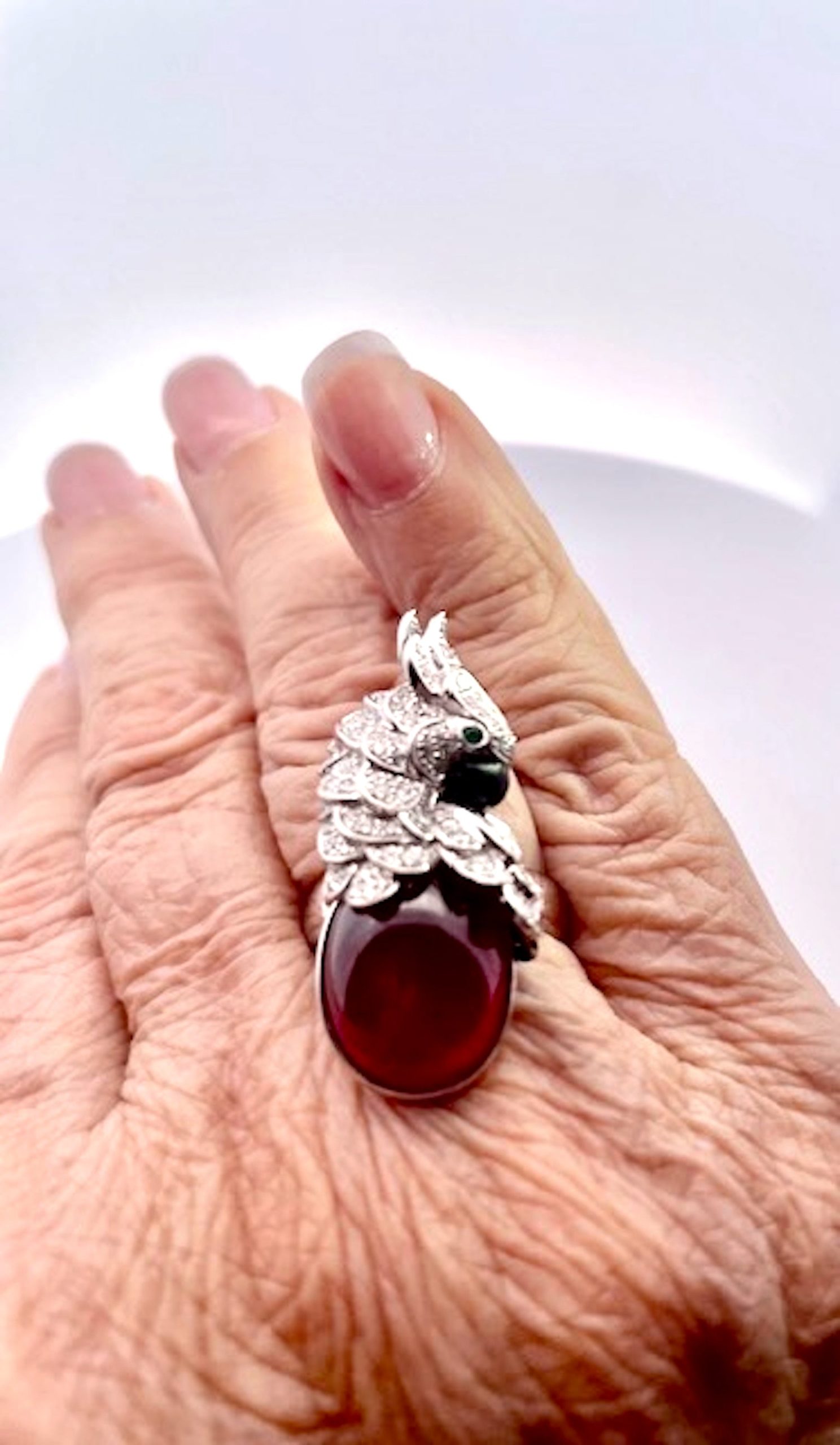 Large Oval Ruby Cabochon and Diamond Parrot Ring - Detail View 8 | Cris Notti Jewels