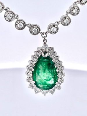 Pear-Shaped Cabochon Emerald & Diamond Halo Pendant Necklace in White Gold - Fine Estate & Vintage Jewelry | Cris Notti Jewels
