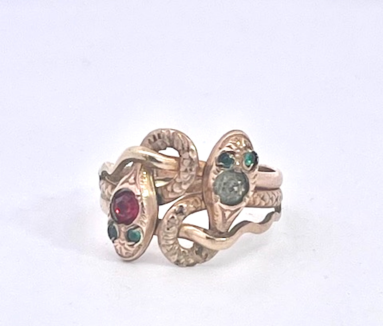 Antique Victorian 14K Yellow Gold Double Snake Ring with Gemstones - Detail View 6 | Cris Notti Jewels