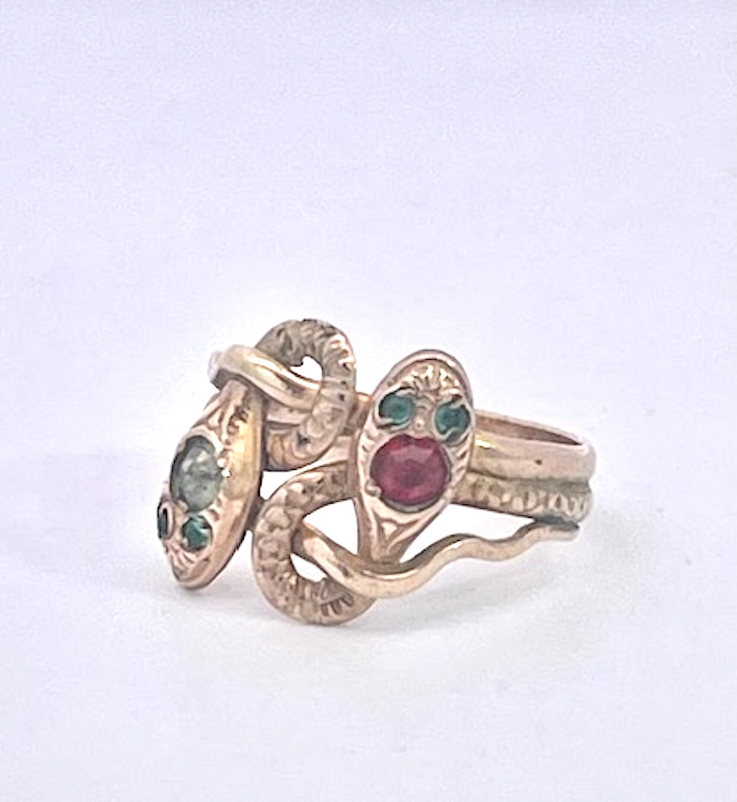 Antique Victorian 14K Yellow Gold Double Snake Ring with Gemstones - Detail View 1 | Cris Notti Jewels