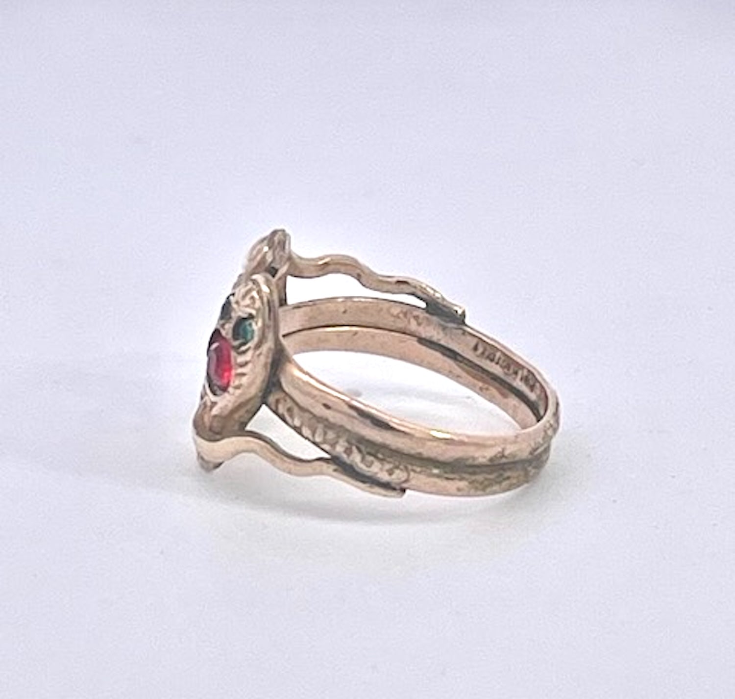 Antique Victorian 14K Yellow Gold Double Snake Ring with Gemstones - Detail View 5 | Cris Notti Jewels
