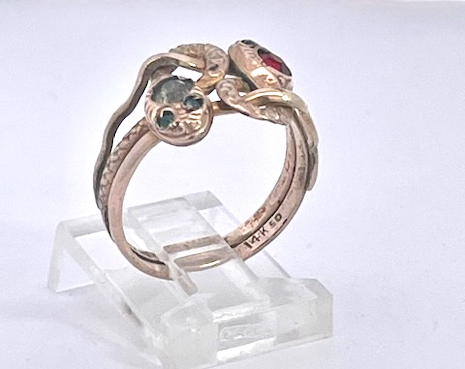 Antique Victorian 14K Yellow Gold Double Snake Ring with Gemstones - Detail View 2 | Cris Notti Jewels
