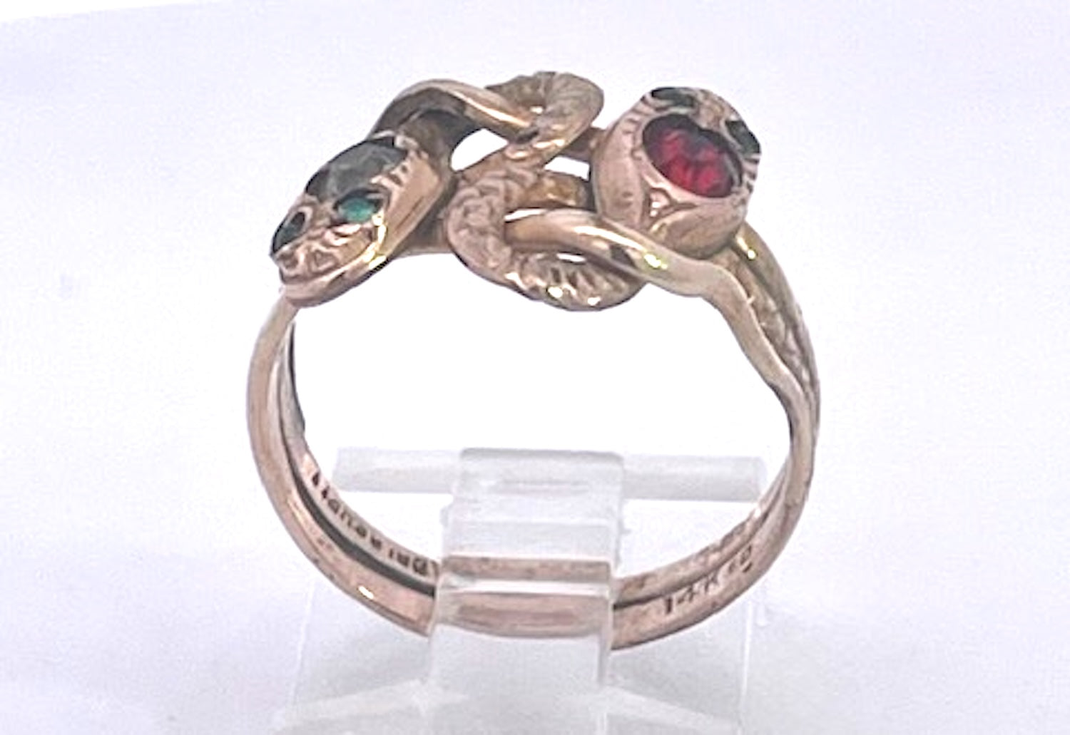 Antique Victorian 14K Yellow Gold Double Snake Ring with Gemstones - Detail View 4 | Cris Notti Jewels