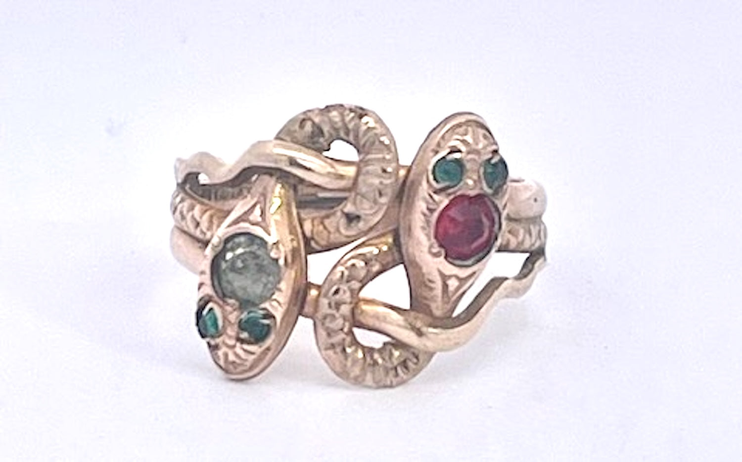 Antique Victorian 14K Yellow Gold Double Snake Ring with Gemstones - Detail View 3 | Cris Notti Jewels