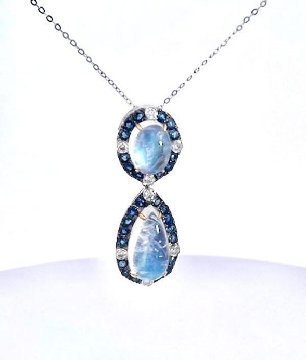 Double Drop Moonstone Pendant w/Diamonds and Sapphires 18K - Fine Estate & Vintage Jewelry | Cris Notti Jewels