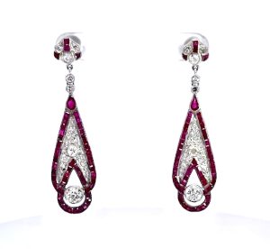 Art Deco 18K White Gold Ruby Diamond Drop Earrings, 2" Length - Fine Estate & Vintage Jewelry | Cris Notti Jewels