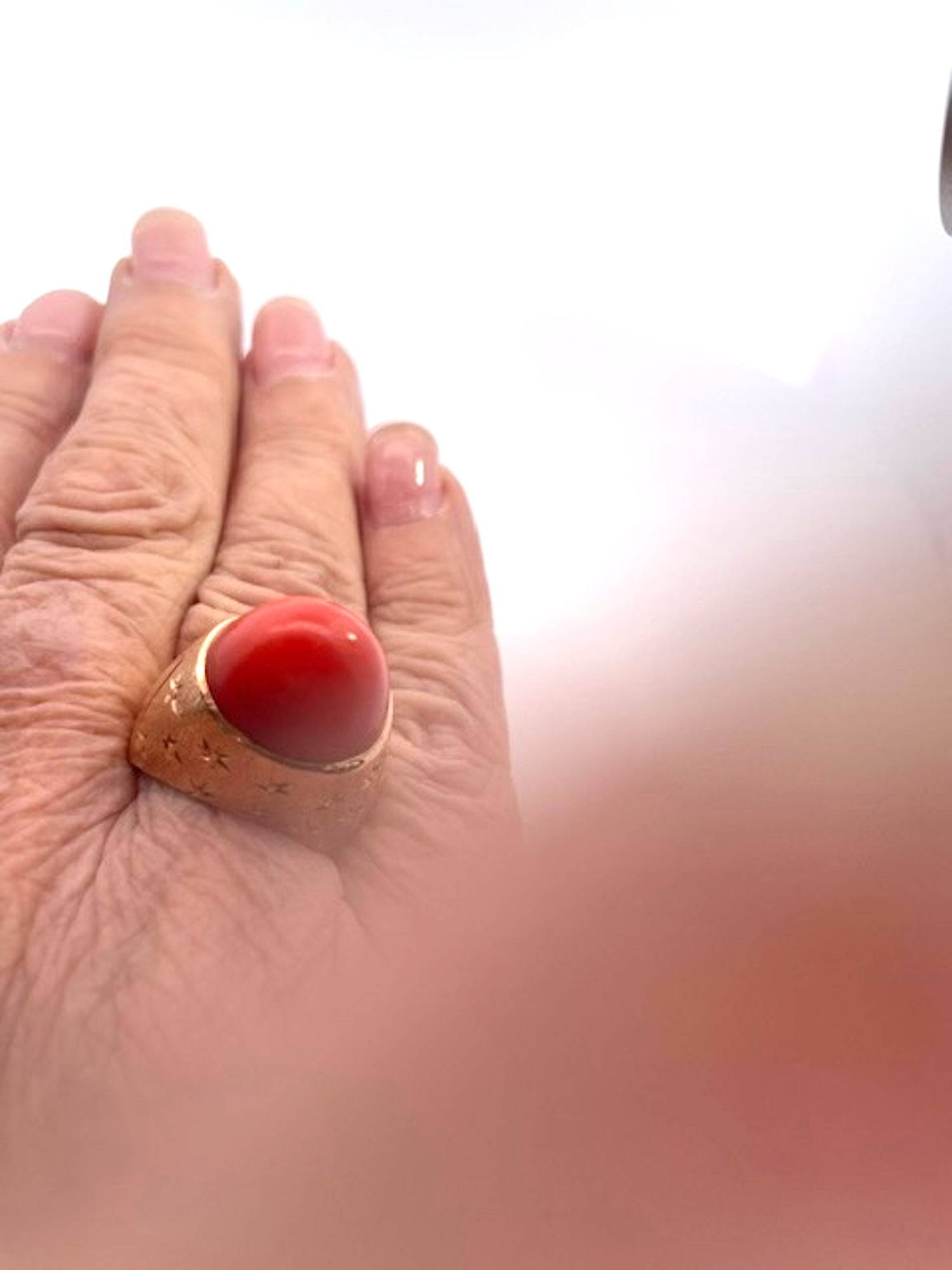 1940s Yellow Gold Mediterranean Coral Cocktail Ring, Unique Design - Detail View 4 | Cris Notti Jewels