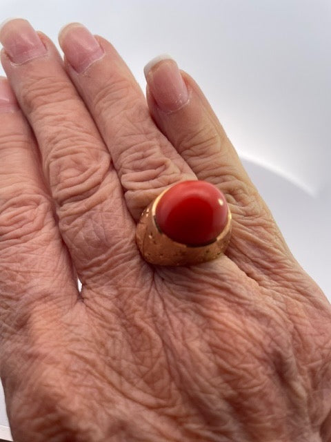 1940s Yellow Gold Mediterranean Coral Cocktail Ring, Unique Design - Detail View 5 | Cris Notti Jewels