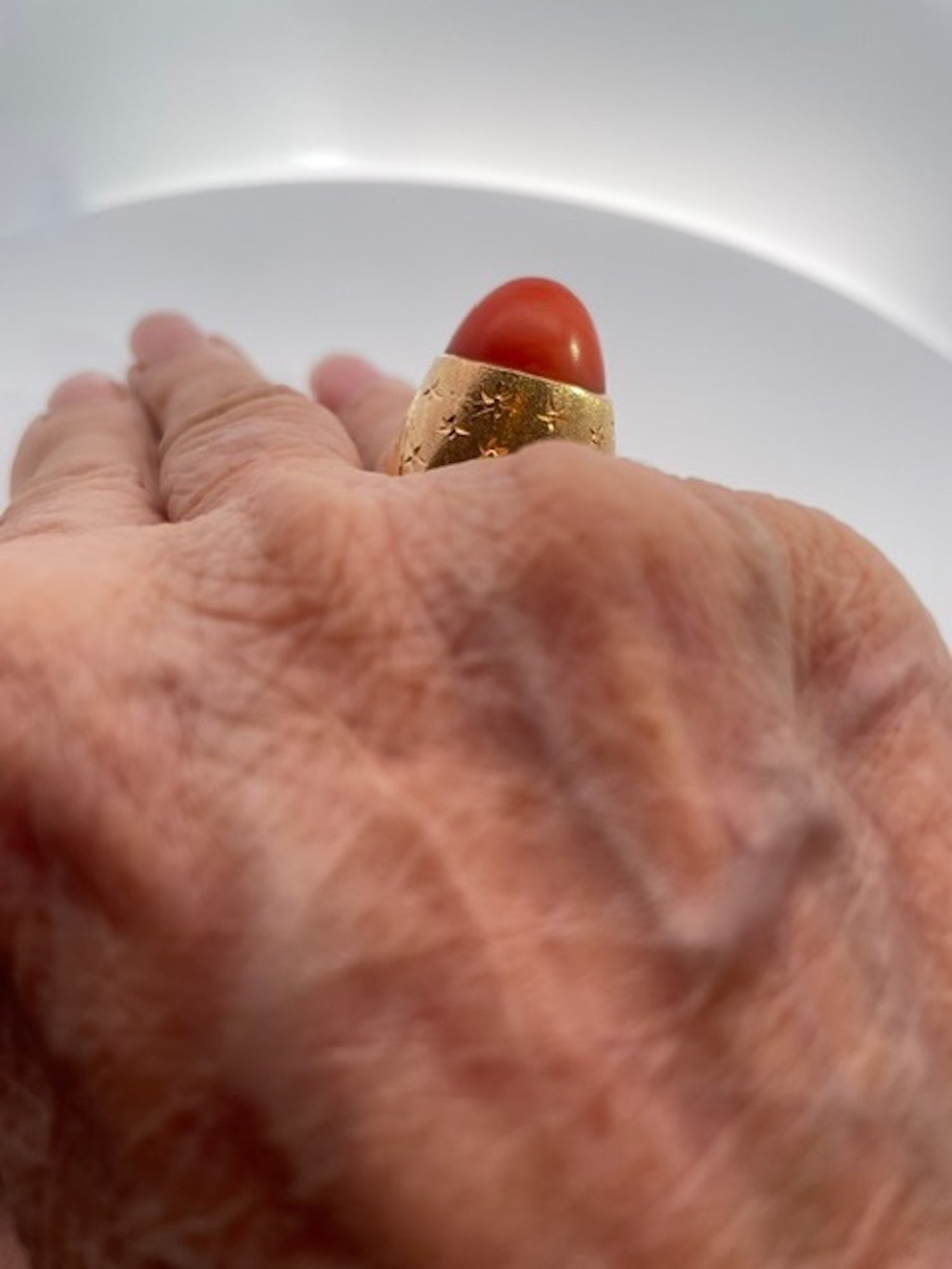 1940s Yellow Gold Mediterranean Coral Cocktail Ring, Unique Design - Detail View 6 | Cris Notti Jewels