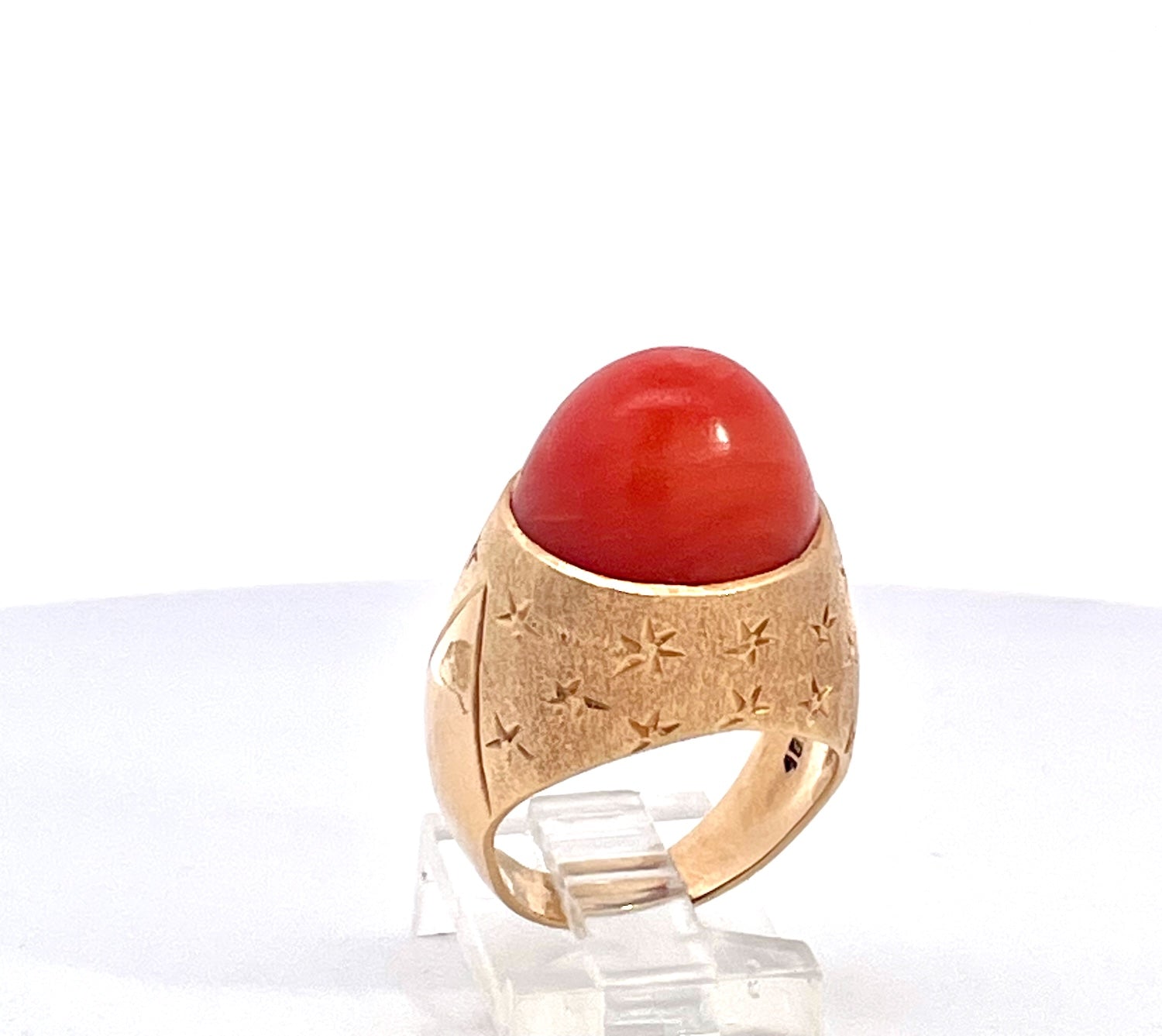 1940s Yellow Gold Mediterranean Coral Cocktail Ring, Unique Design - Detail View 3 | Cris Notti Jewels