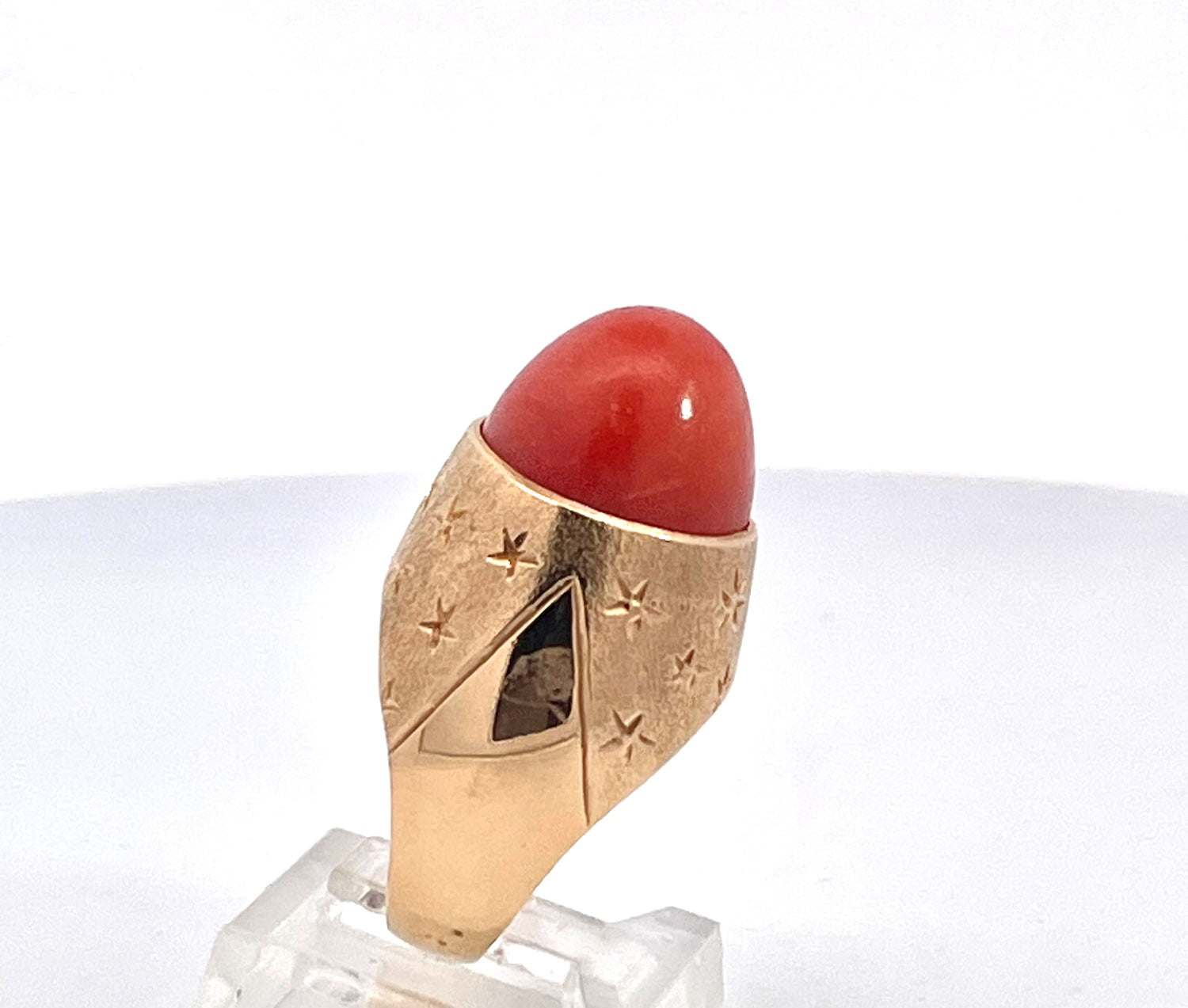 1940s Yellow Gold Mediterranean Coral Cocktail Ring, Unique Design - Detail View 2 | Cris Notti Jewels
