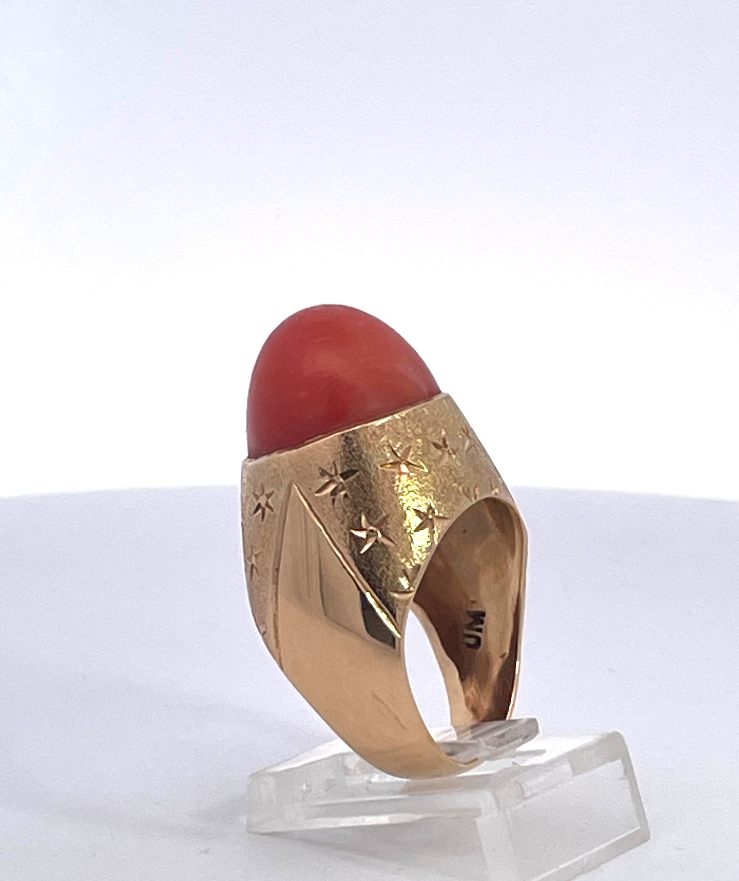 1940s Yellow Gold Mediterranean Coral Cocktail Ring, Unique Design - Detail View 1 | Cris Notti Jewels