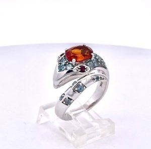 Polished 14K White Gold Garnet and Ruby Cocktail Ring with Blue Topaz - Fine Estate & Vintage Jewelry | Cris Notti Jewels