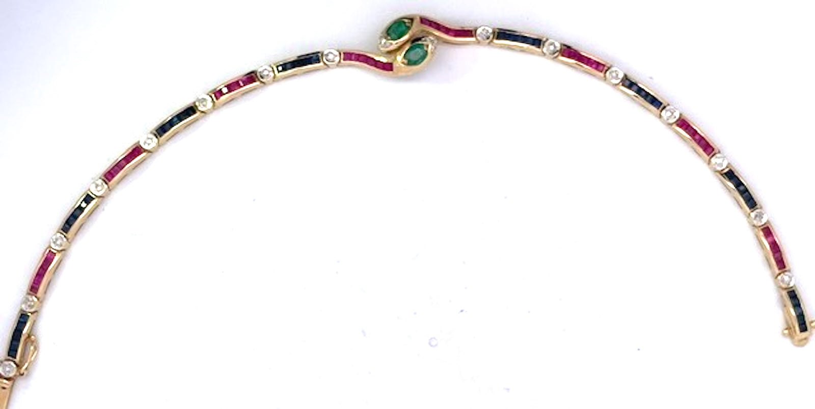 Vintage Yellow Gold Snake Bracelet with Emeralds, Rubies, and Diamonds - Detail View 7 | Cris Notti Jewels