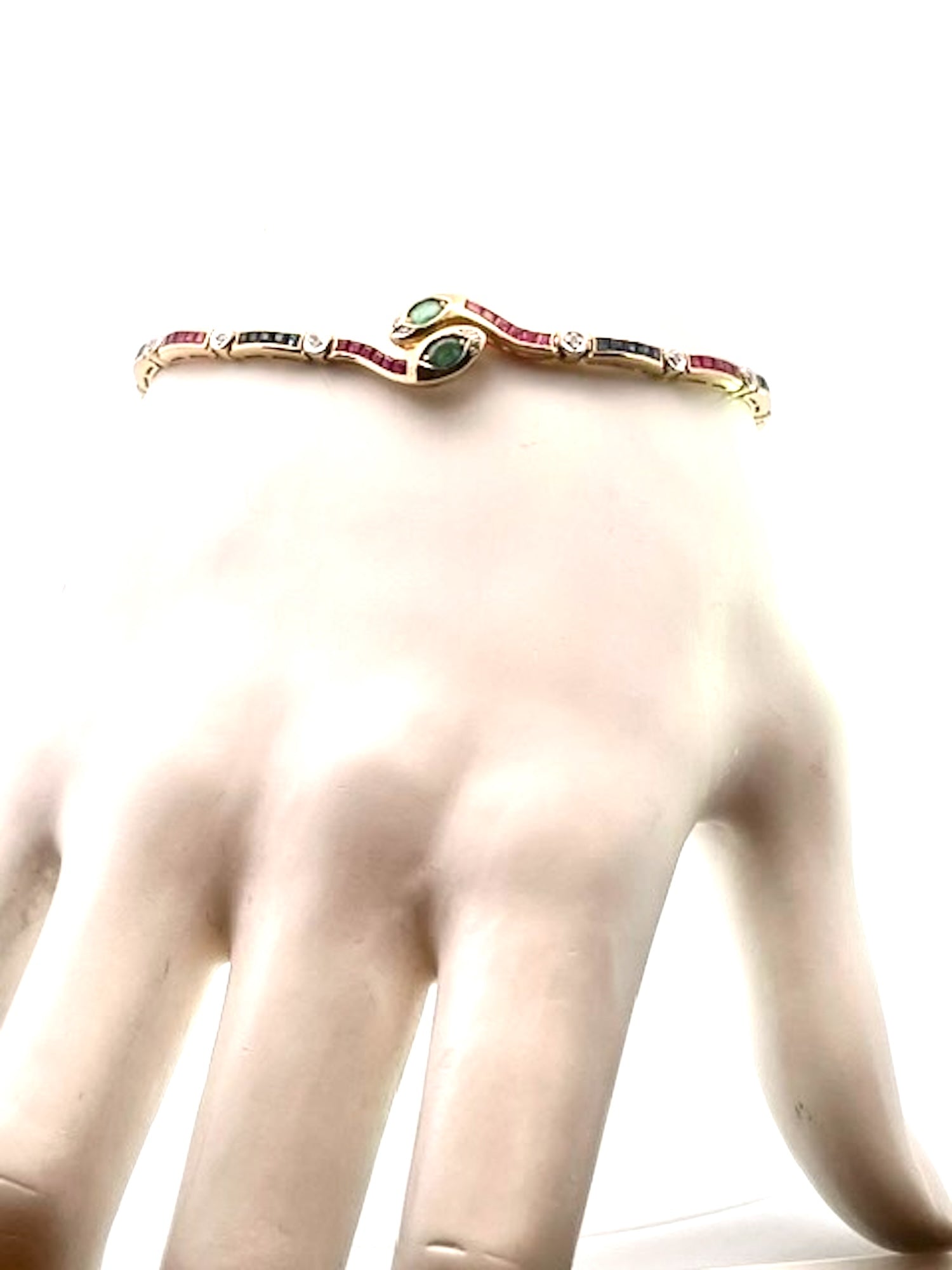 Vintage Yellow Gold Snake Bracelet with Emeralds, Rubies, and Diamonds - Detail View 6 | Cris Notti Jewels