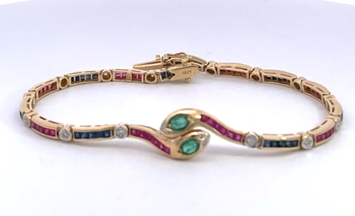 Vintage Yellow Gold Snake Bracelet with Emeralds, Rubies, and Diamonds - Detail View 9 | Cris Notti Jewels