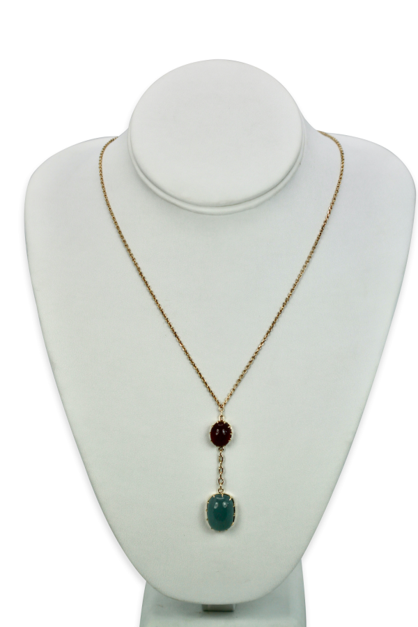 Aquamarine Cab Lariat Necklace 15.40 TCW Gold Chain w/ Ruby Cabochon 14K - Fine Estate & Vintage Jewelry | Cris Notti Jewels