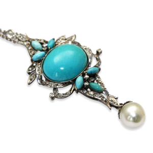 Persian Turquoise Pendant In Palladium With South Sea Pearl - Fine Estate & Vintage Jewelry | Cris Notti Jewels
