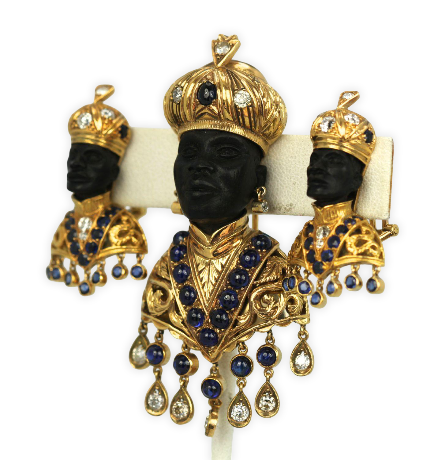 Antique Blackamoor 18K Yellow Gold Brooch And Earrings - Detail View 3 | Cris Notti Jewels